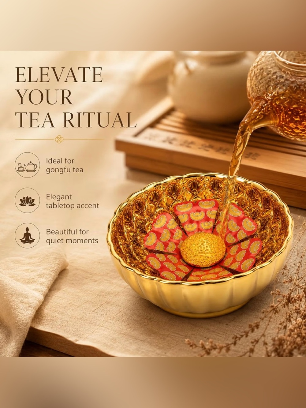 Fortune Tea Bowl, 4 oz Gold-Tone Ceramic Cup